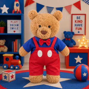 Large Bartholomew Bear & 16" Plush Clothes Outfit - Red & Blue Overalls Outfit
